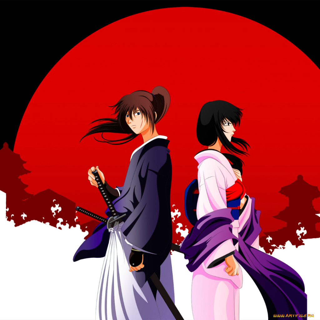 Обои Аниме Rurouni Kenshin, обои для рабочего стола, фотографии аниме,  rurouni kenshin, art, maron, kuzakawe, samurai, x, rurouni, kenshin, tomoe,  yukishiro, мечник, катана, кимоно, солнце, двое Обои для рабочего стола,  скачать обои